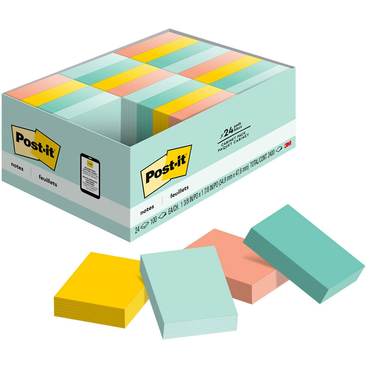 Post-it Notes, 1 3/8 x 1 7/8, Beachside Café Collection, 100 Sheets/Pad, 24 Pads/Pack (653-24APVAD)