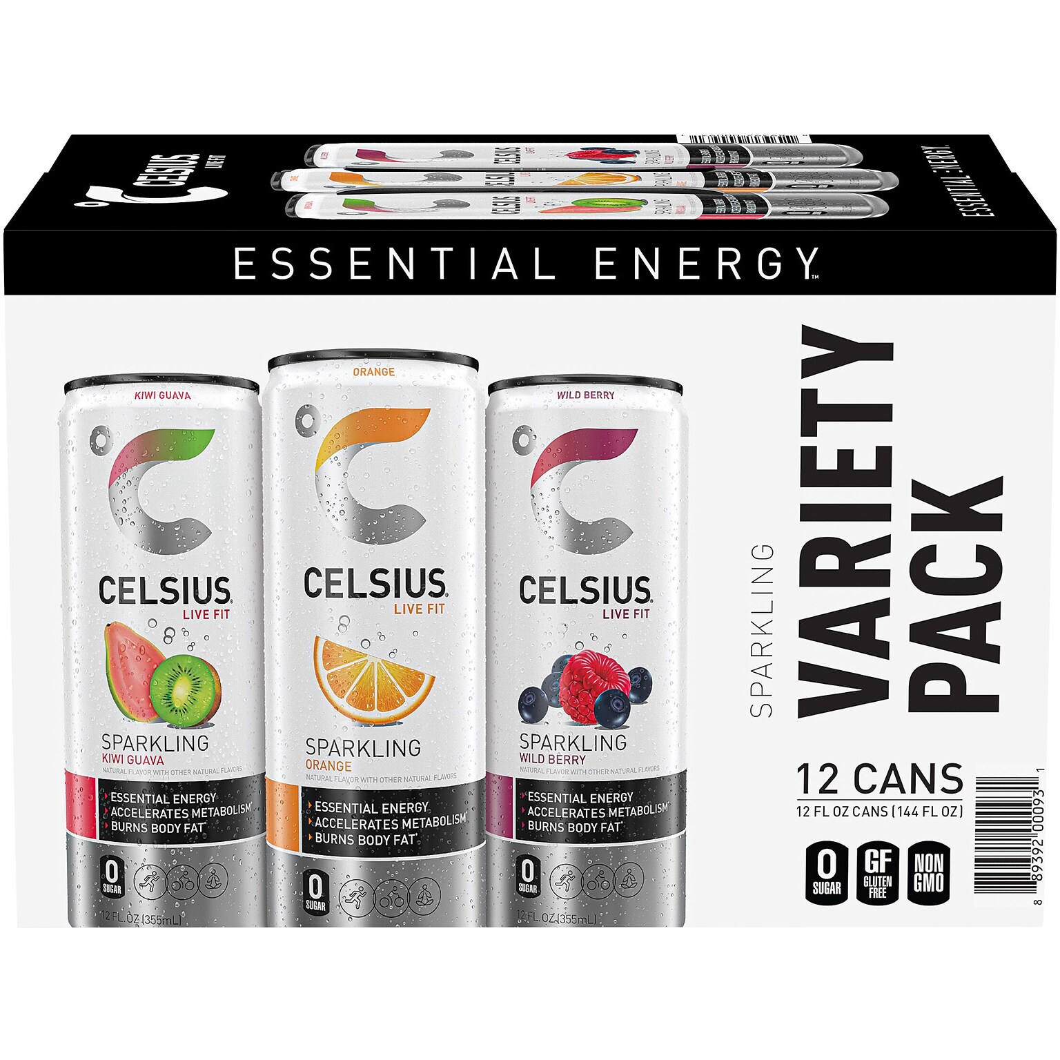 Celsius Sugar-Free Kiwi Guava, Orange, Wild Berry Variety Pack Sparkling Energy Drink, 12 fl. oz., 12 Cans/Carton (00097)