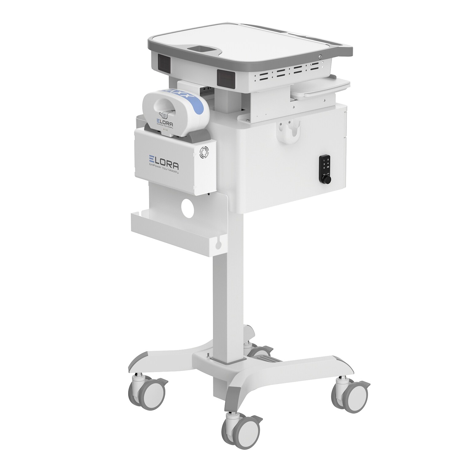 Mount-It! MedHub Powered Height-Adjustable Mobile Cart Workstation with Drawers & Built-In Power Strip, White/Gray (MI-16057)
