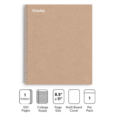 Staples Premium 1-Subject Notebook, 8.5 x 11, College Ruled, 100 Sheets, Brown (TR52121)