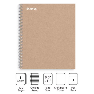 Staples Premium 1-Subject Notebook, 8.5" x 11", College Ruled, 100 Sheets, Brown (TR52121)