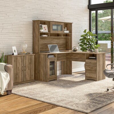 Bush Furniture Cabot 60"W L Shaped Computer Desk with Hutch and Small Storage Cabinet, Reclaimed Pine (CAB016RCP)