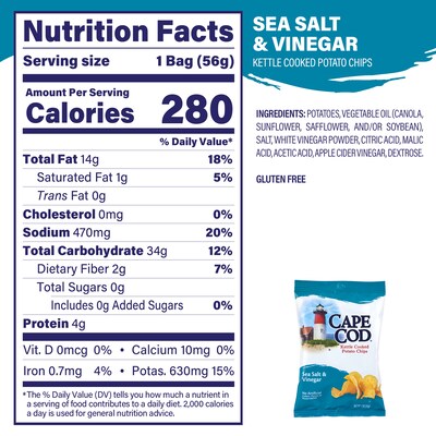 Cape Cod Gluten Free Sea Salt & Vinegar Potato Chips, 2 oz., 6/Pack (220-02565)