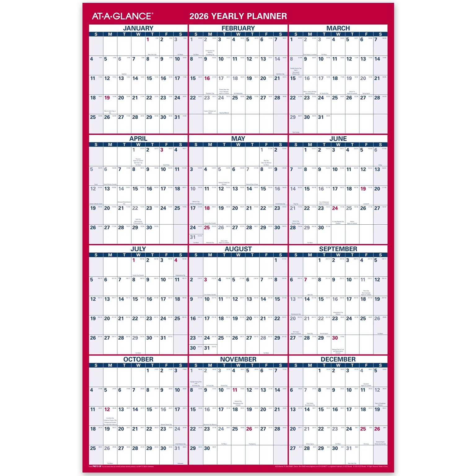 2026 AT-A-GLANCE 36 x 24 Yearly Wall Calendar, Reversible, White/Red (PM212-28-26)