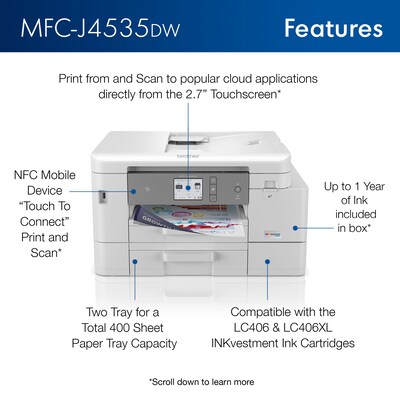 Brother INKvestment Tank MFC-J4535DW All-in-One Color Inkjet Printer