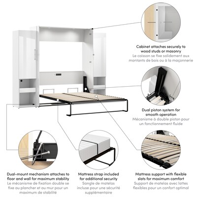 Bestar Avalon Queen Murphy Bed and Storage Cabinets with Pull-Out Shelf (107W) - High-Gloss White