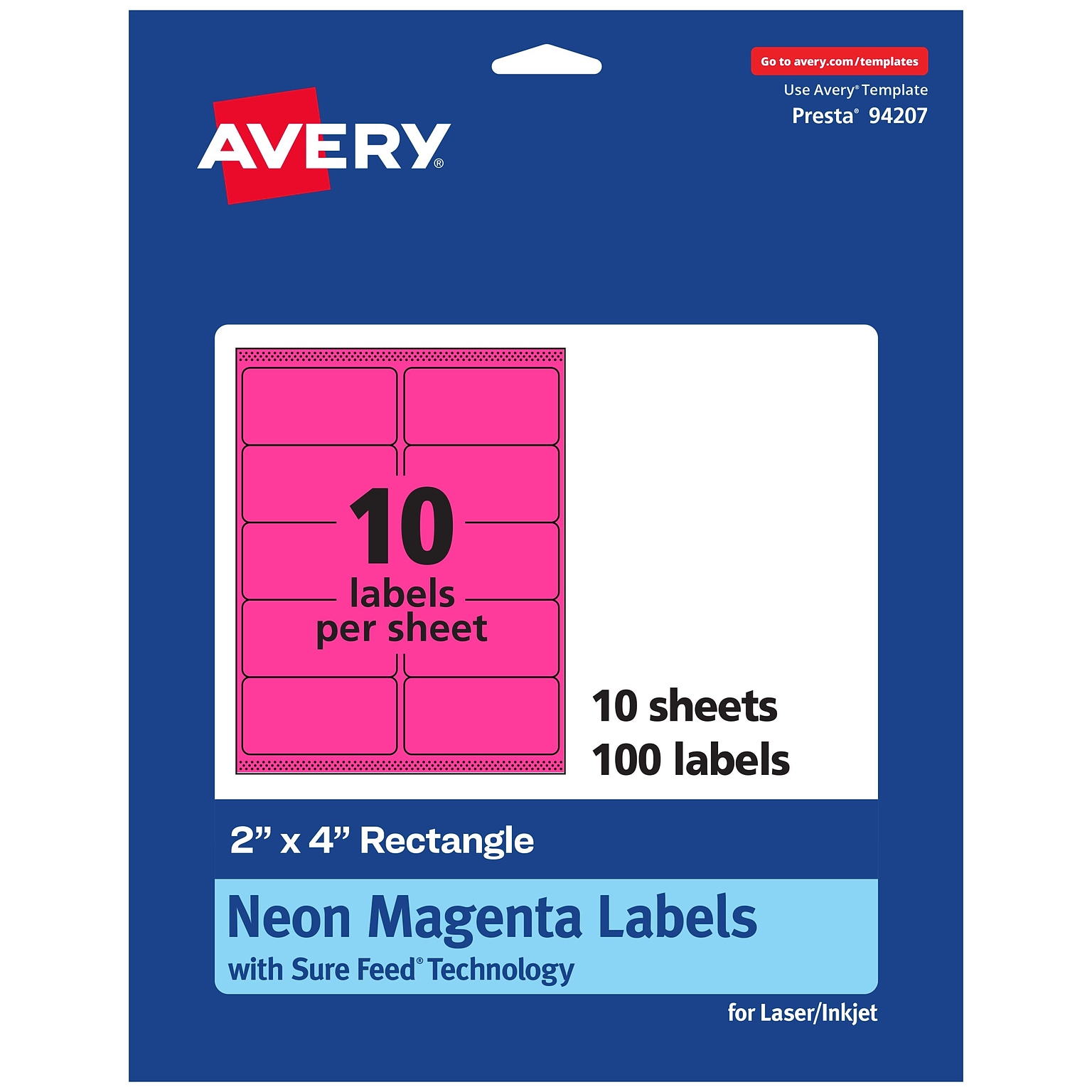Avery Laser/Inkjet Multipurpose Labels, 4  x 2, Neon Magenta, 100/Pack (94733)