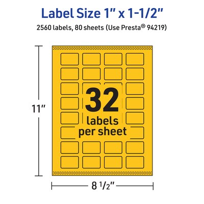 Avery Laser/Inkjet Rectangle Multipurpose Labels, 1" x 1.5", Bright Yellow, 2560/Box (94219)
