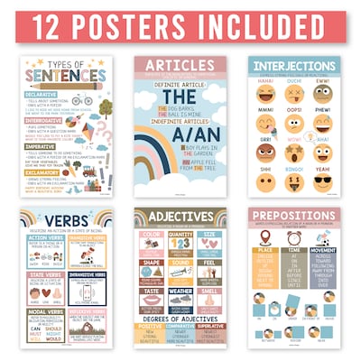 Hadley Designs 11 x 17 Boho Parts of Speech Language Arts and Grammar Laminated Posters, 12/Set (H