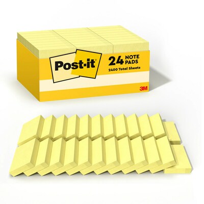 Post-it Notes, 1 3/8 x 1 7/8, Canary Collection, 100 Sheet/Pad, 24 Pads/Pack (65324VADB)