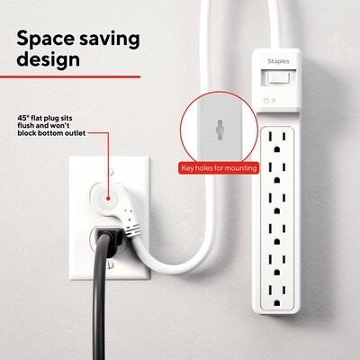 Staples TECH 6-Outlet Surge Protector, 12', 1800 Joules, White (ST62768)