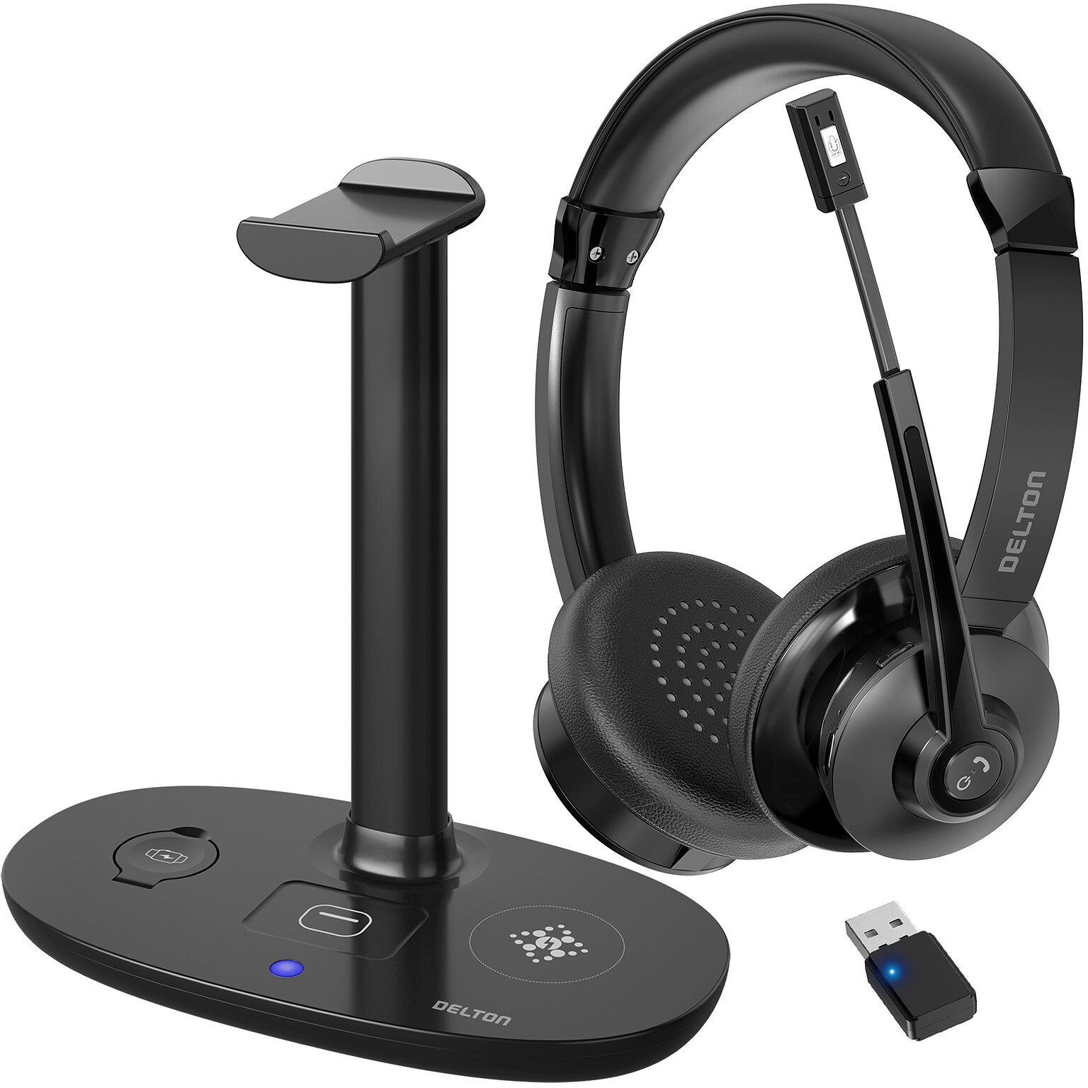 Delton 30X Wireless Noise Canceling Bluetooth Computer Headset with HS1 Wireless Charging Station, Black (DHSWC130XD)
