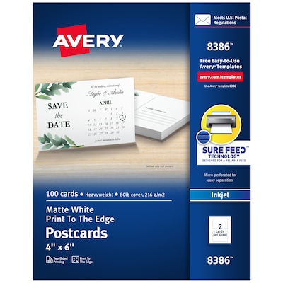 Avery Postcards, Matte White, Print to the Edge, 4 x 6, Inkjet, 100/Pack (08386)