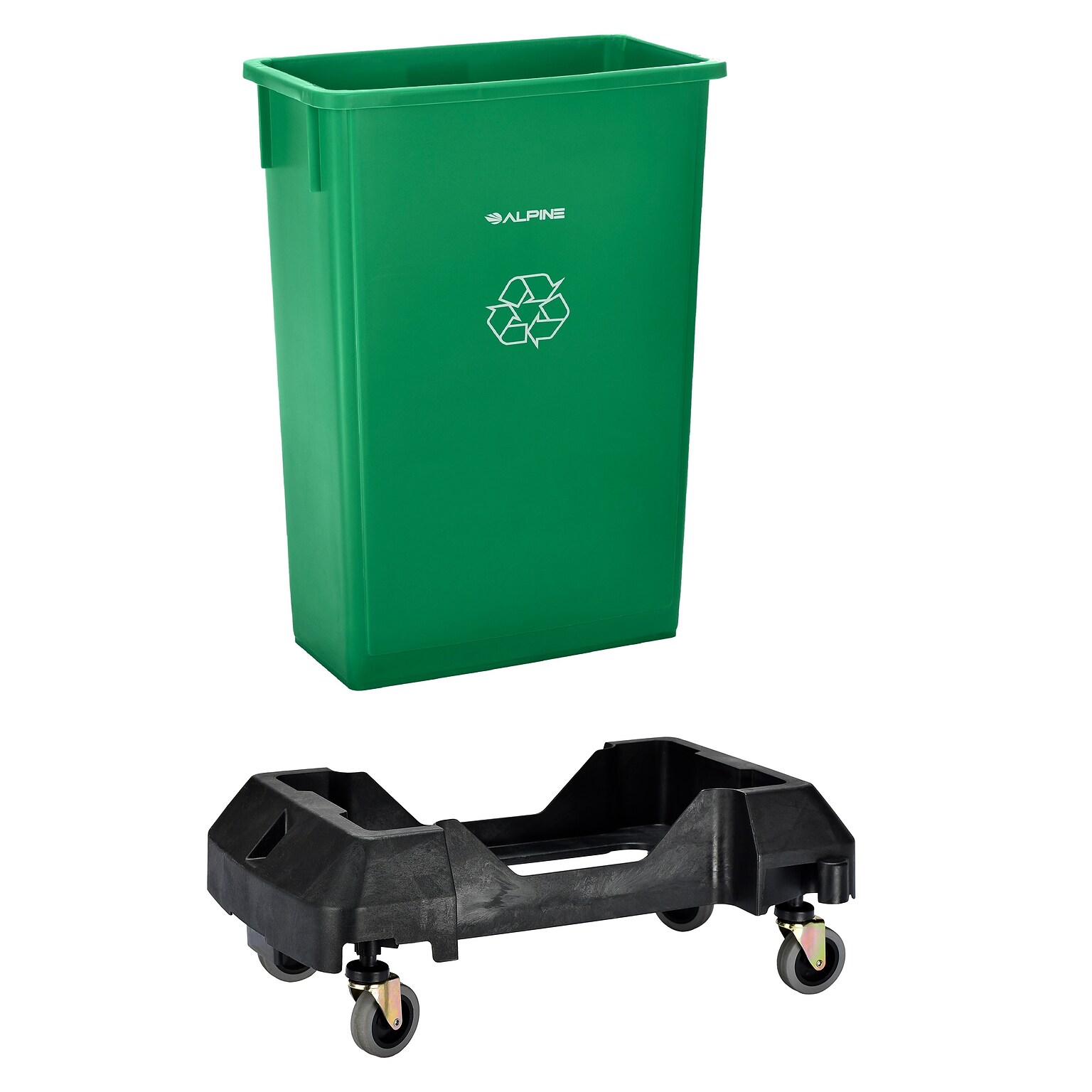Alpine Industries Polypropylene Recycling Bin and Dolly, 23 Gallon, Green (ALP477-GRN-PKD)