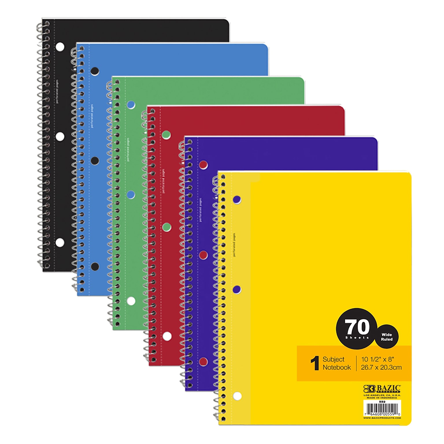 Bazic 1-Subject Notebooks, Wide Ruled, 70 Sheets, Assorted Colors, 24/Case (559)