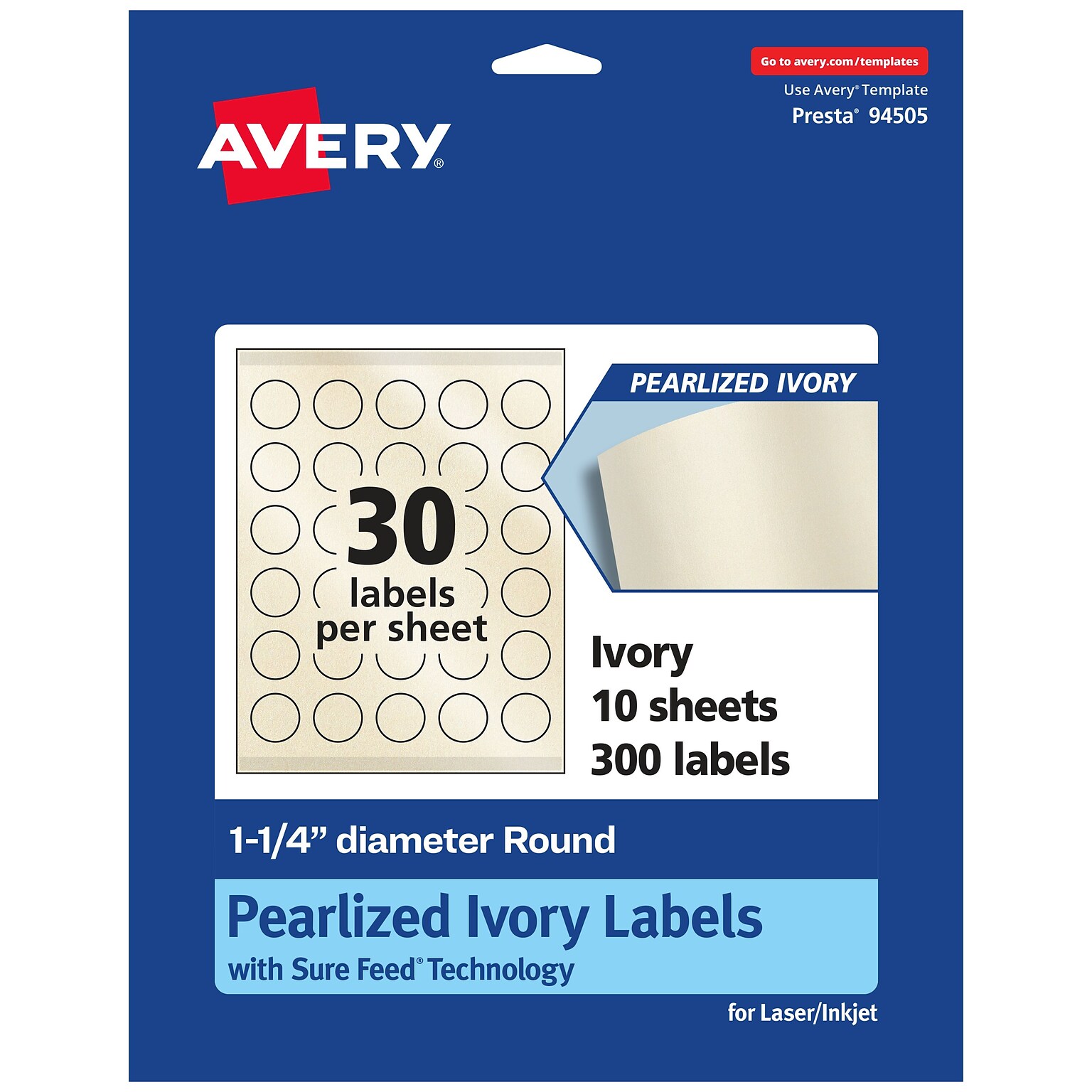 Avery Laser/Inkjet Round Multipurpose Labels, 1.25 Dia., Ivory, 300 Labels/Pack (94505)