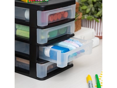 Iris Stackable 4-Drawer Storage, Plastic, Black/Translucent White, 2/Pack (586015)