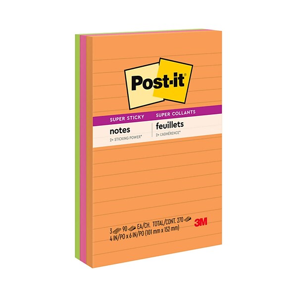 Post-it® Super Sticky Notes, 4 x 6, Energy Boost Collection, Lined, 90 Sheets/Pad, 3 Pads/Pack (660-3SSUC)