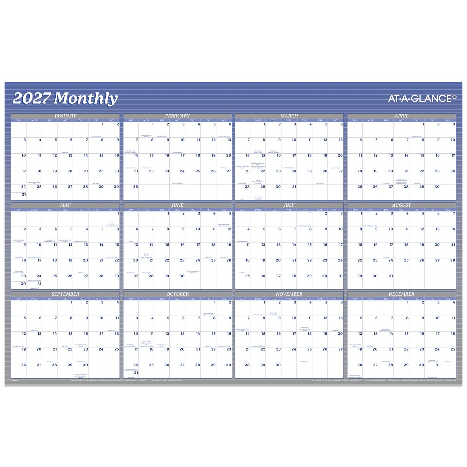2027 AT-A-GLANCE 36 x 24 Yearly Dry-Erase Wall Calendar, Reversible, White/Blue (A1102-27)