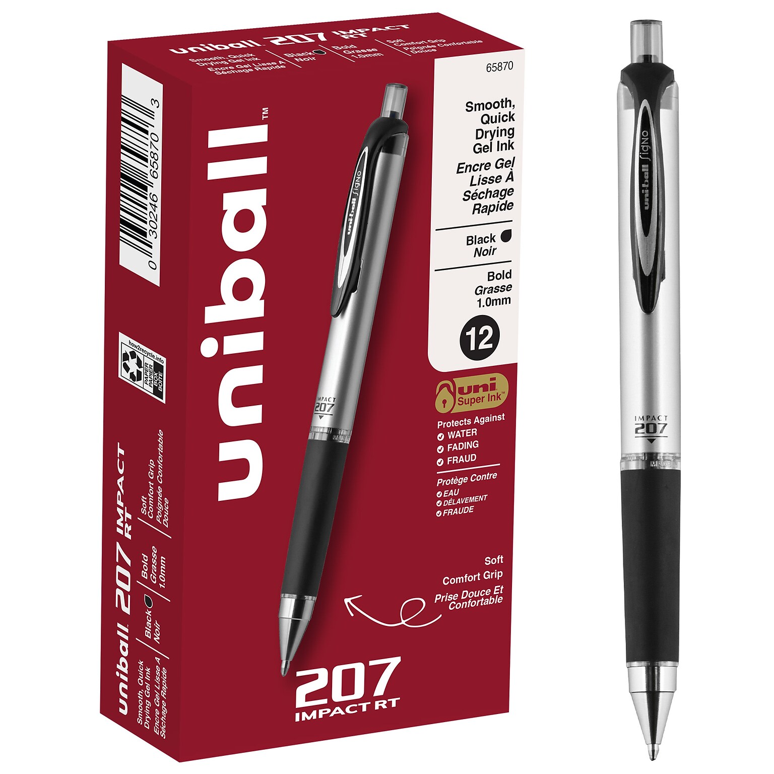uni-ball 207 Impact RT Retractable Gel Pens, Bold Point, Black Ink, Dozen (65870)