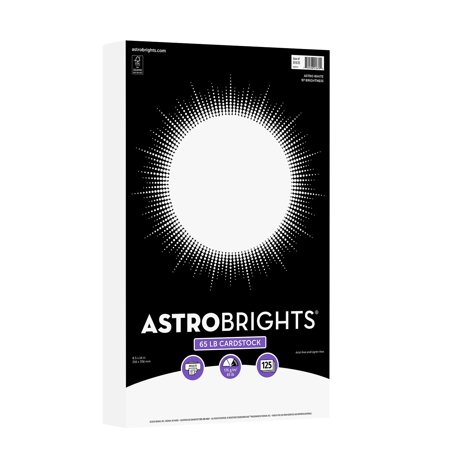 Astrobrights 65 lb. Cardstock Paper, 8.5 x 14, Astro White, 125 Sheets/Pack (91670-02)