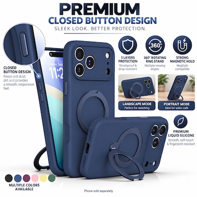 SaharaCase MagSafe Silicone Phone Case for iPhone 18 Pro Max, 360-Degree Kickstand, Wireless Charging, Dark Blue (CP01187)
