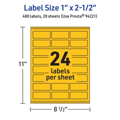 Avery Laser/Inkjet Rectangle Multipurpose Labels, 1" x 2.5", Bright Yellow, 480/Pack (94221)