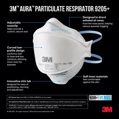 3M Aura N95 Particulate Respirator, White, 20/Pack (9205P-20-DC)