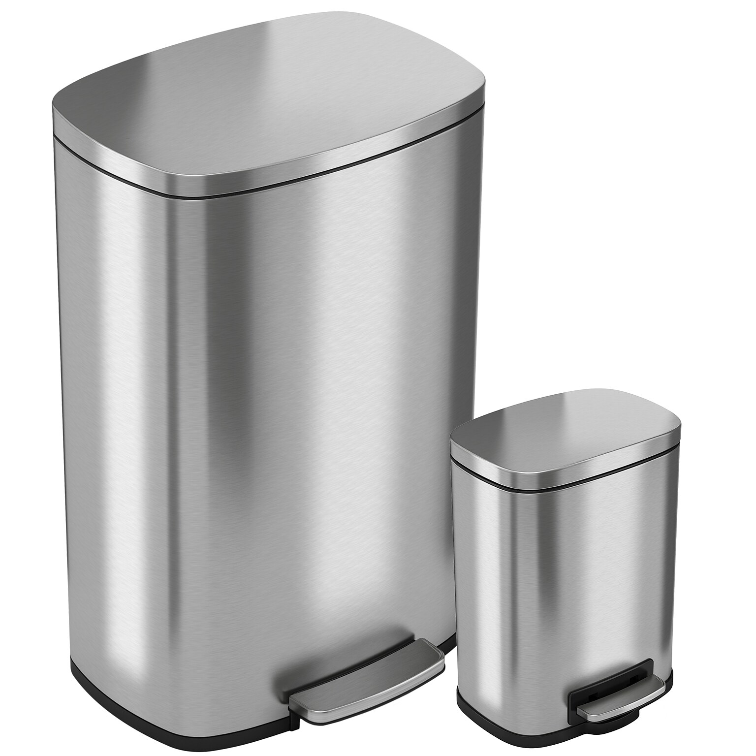 iTouchless 13.2 Gal and 1.32 Gal Kitchen and Bathroom SoftStep Step Pedal Trash Cans Combo Pack, Silver