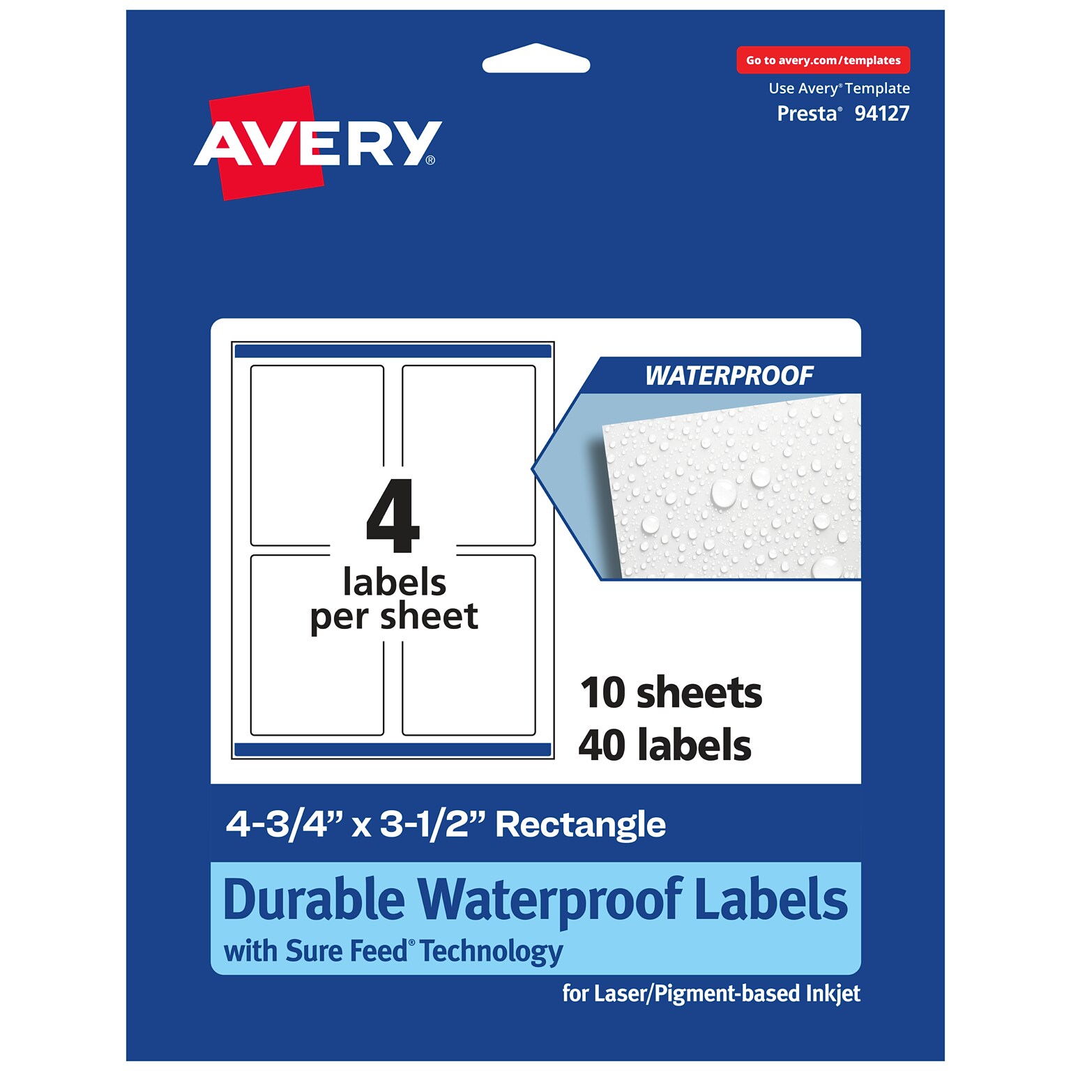 Avery Laser/Inkjet Rectangle Waterproof Multipurpose Labels, 3.5  x 4.75, White, 40/Pack (94127)