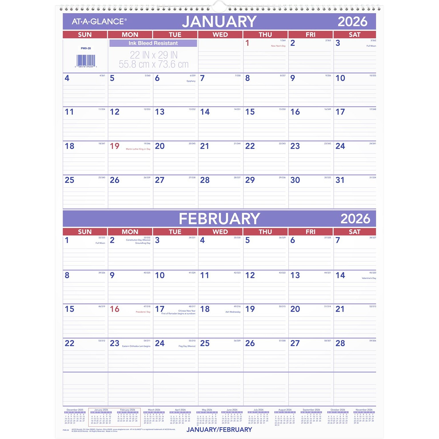 2026 AT-A-GLANCE 22 x 29 Two-Month Wall Calendar, White/Purple (PM9-28-26)