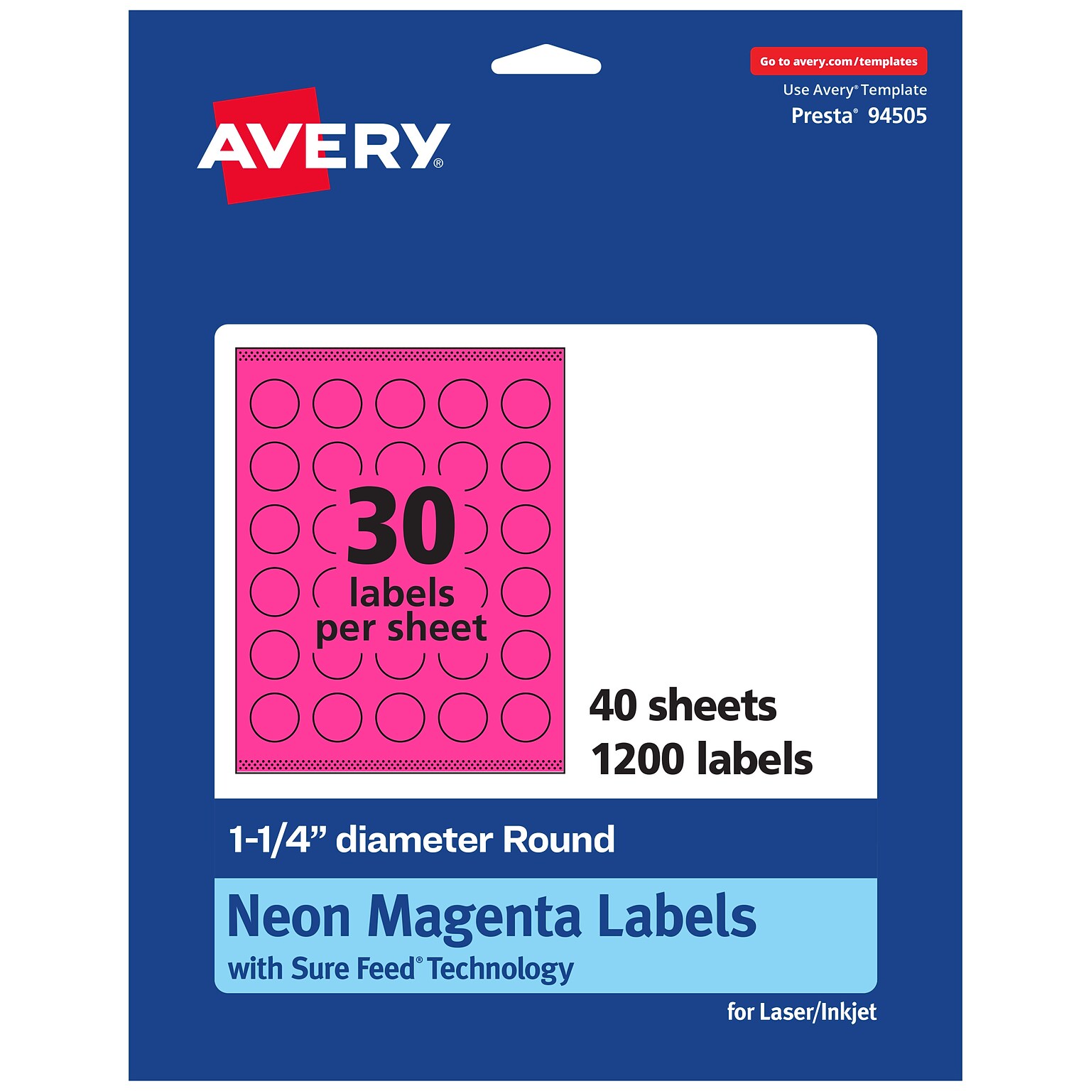 Avery Laser/Inkjet Round Multipurpose Labels, 1.25 Dia., Neon Magenta, 1200/Pack (94505)