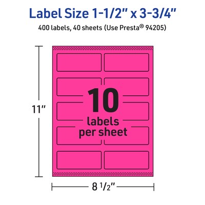 Avery Laser/Inkjet Rectangle Multipurpose Labels, 1.5" x 3.75", Neon Magenta, 400/Pack (94205)