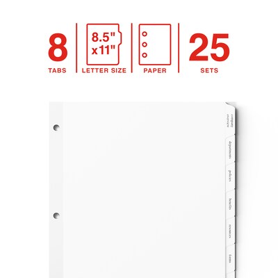 Staples Print & Apply Label Dividers, White, 8-Tabs, 25 Sets (ST63054)