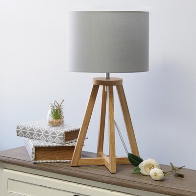 Simple Designs Interlocked Triangular Natural Wood Table Lamp with Gray Fabric Shade (LT1069-NGY)