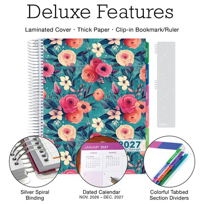 2027 Excello Brands 10.3 x 12.3 Weekly & Monthly Standard Planner, Paperboard Cover, Teal Floral (DLX-CY27-0017)