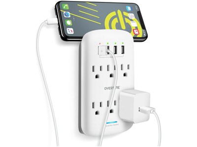 Overtime Wall Outlet Extender, 6 Outlets and 2 USB/2 USBC Ports, Surge Protector, White (OTWP6AC4USB42)