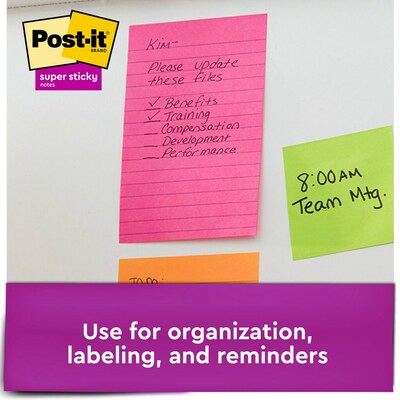 Post-it Super Sticky Notes, 4 x 6 in., 3 Pads, 90 Sheets/Pad, Lined, 2x the Sticking Power, Supernova Neons Collection