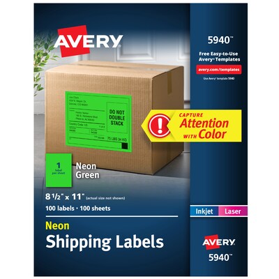 Avery Laser Shipping Labels, 8-1/2 x 11, Neon Green, 100 Labels/Box (5940)