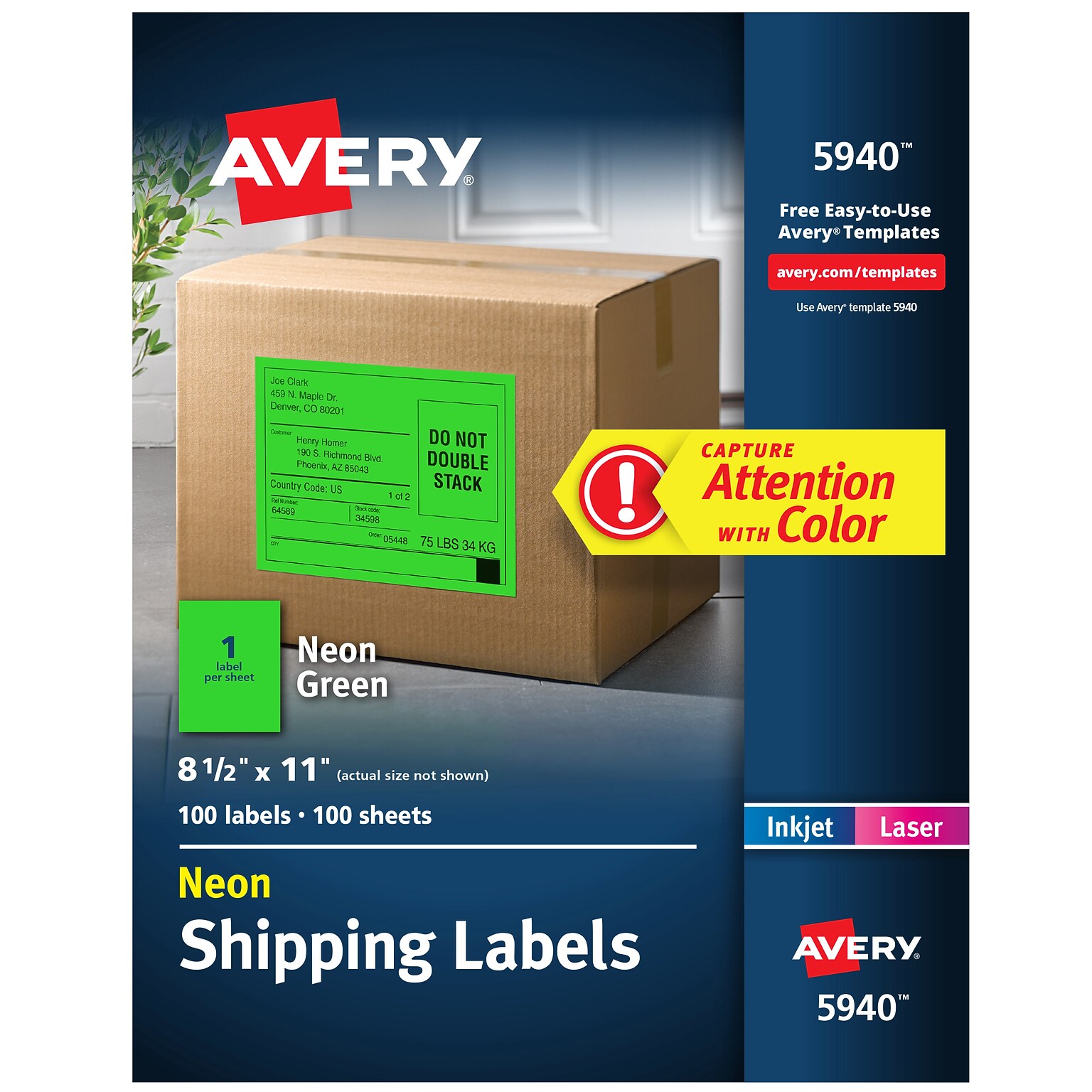Avery Laser Shipping Labels, 8-1/2 x 11, Neon Green, 100 Labels/Box (5940)
