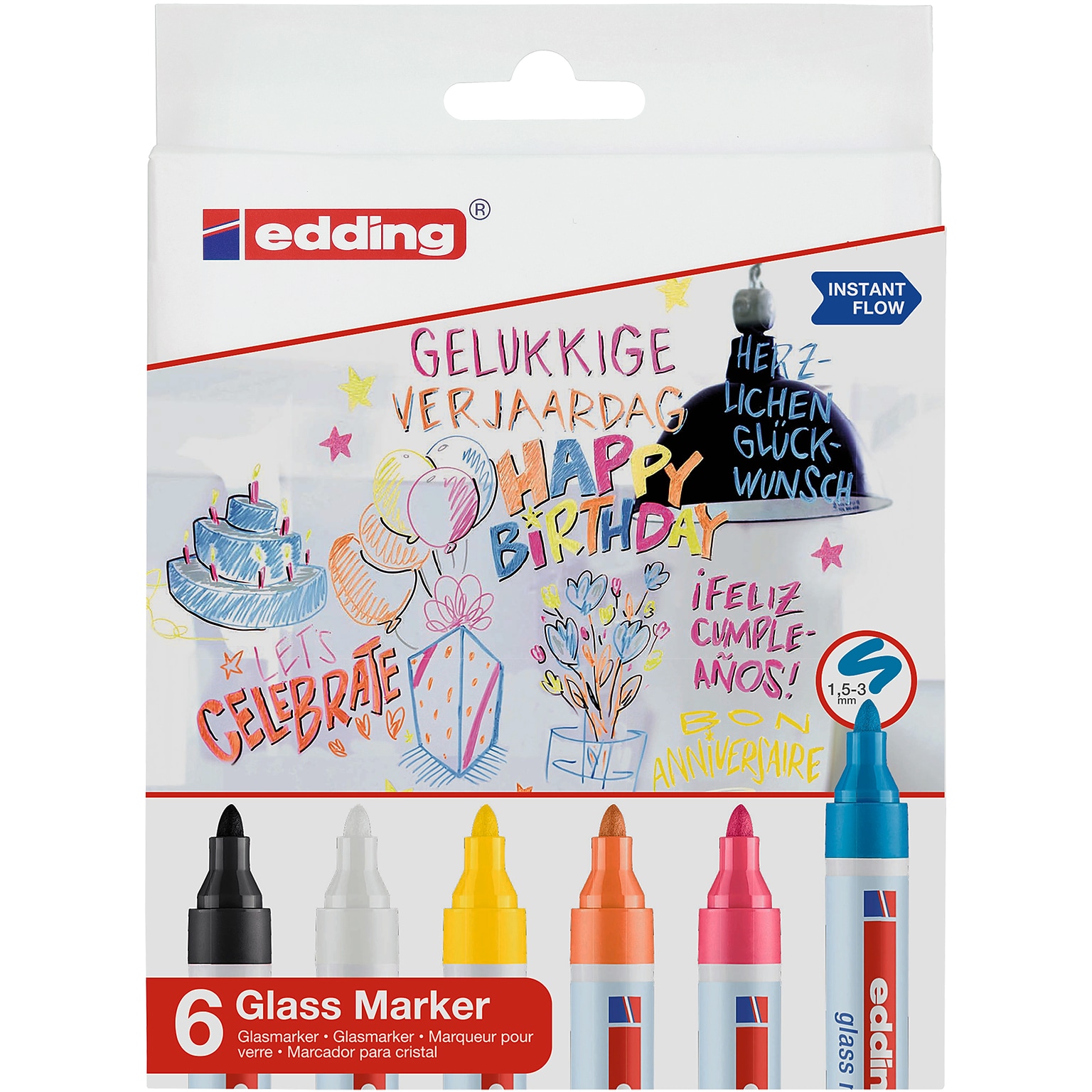 edding 95 Series Water BasedGlass Marker, Assorted Colors, 6/Pack (EDD4956)