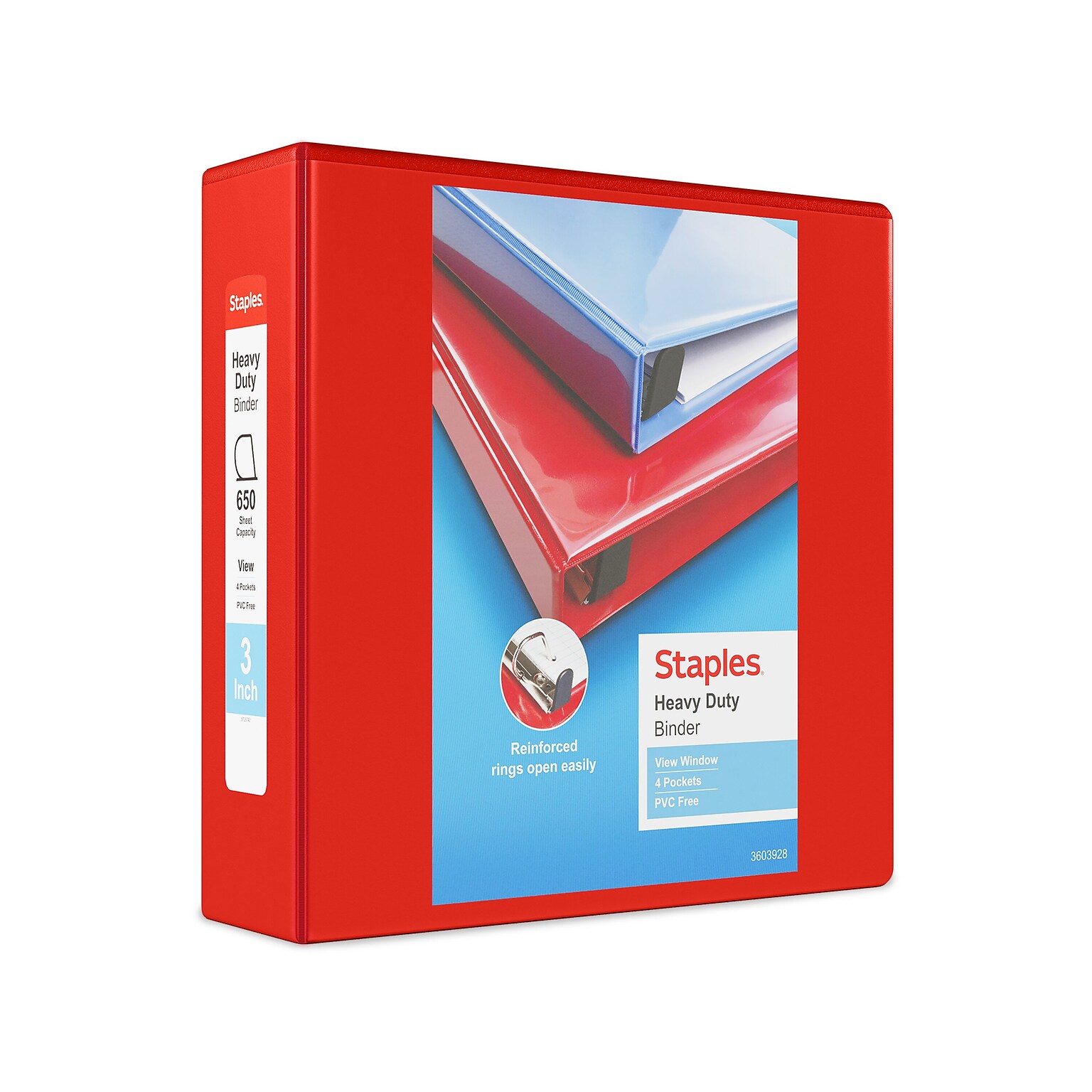 Staples Heavy Duty 3 3-Ring View Binder, D-Ring, Red (ST56298-CC)