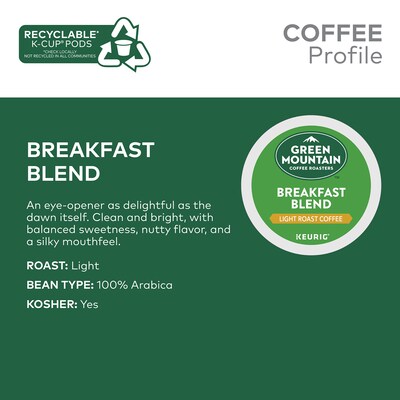 Green Mountain Coffee Roasters Breakfast Blend Coffee Keurig® K-Cup® Pods, Light Roast, 48/Box (81909/15170)