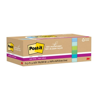 Post-it® 100% Recycled Paper Super Sticky Notes, 3 x 3, Oasis Collection, 12 Pads/Pack, 70 Sheets/