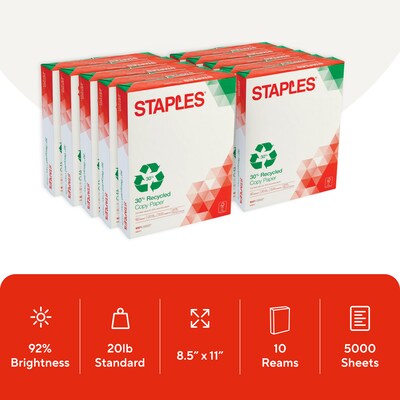 Staples 30% Recycled 8.5 x 11 (US letter) Copy Paper, 20 lbs., 92 Brightness, 5000/Carton (112350/461757)