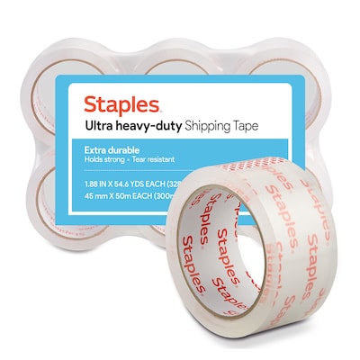 Staples Ultra Heavy Duty Shipping Packing Tape, 1.88 x 54.6 Yds, Clear, 6 Rolls/Pack (52196)
