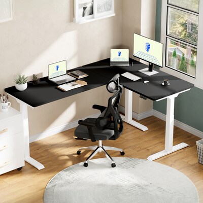 FlexiSpot E7L Series 76"W Electric L-Shaped Adjustable Standing Desk, Black/White (E7LW557624B)