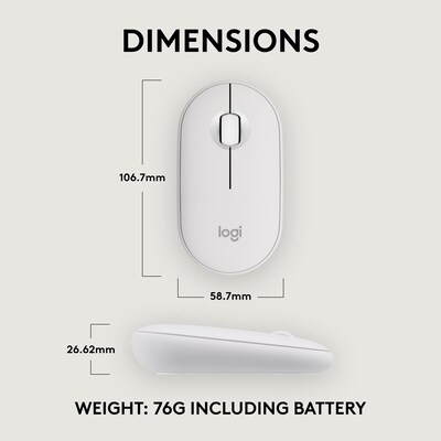 Logitech Pebble 2 M350s Wireless Ambidextrous Optical Mouse, Tonal White (910-007022)
