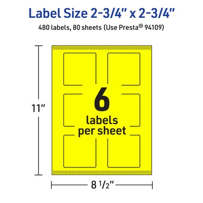 Avery Square Laser/Inkjet Multipurpose Labels, 2.75" x 2.75", Neon Yellow (480/Box)