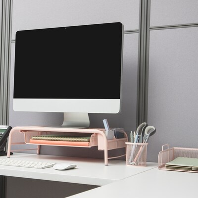 Mind Reader Monitor Stand with Paper Tray, Metal, Pink (MESHMONSTA-PNK)